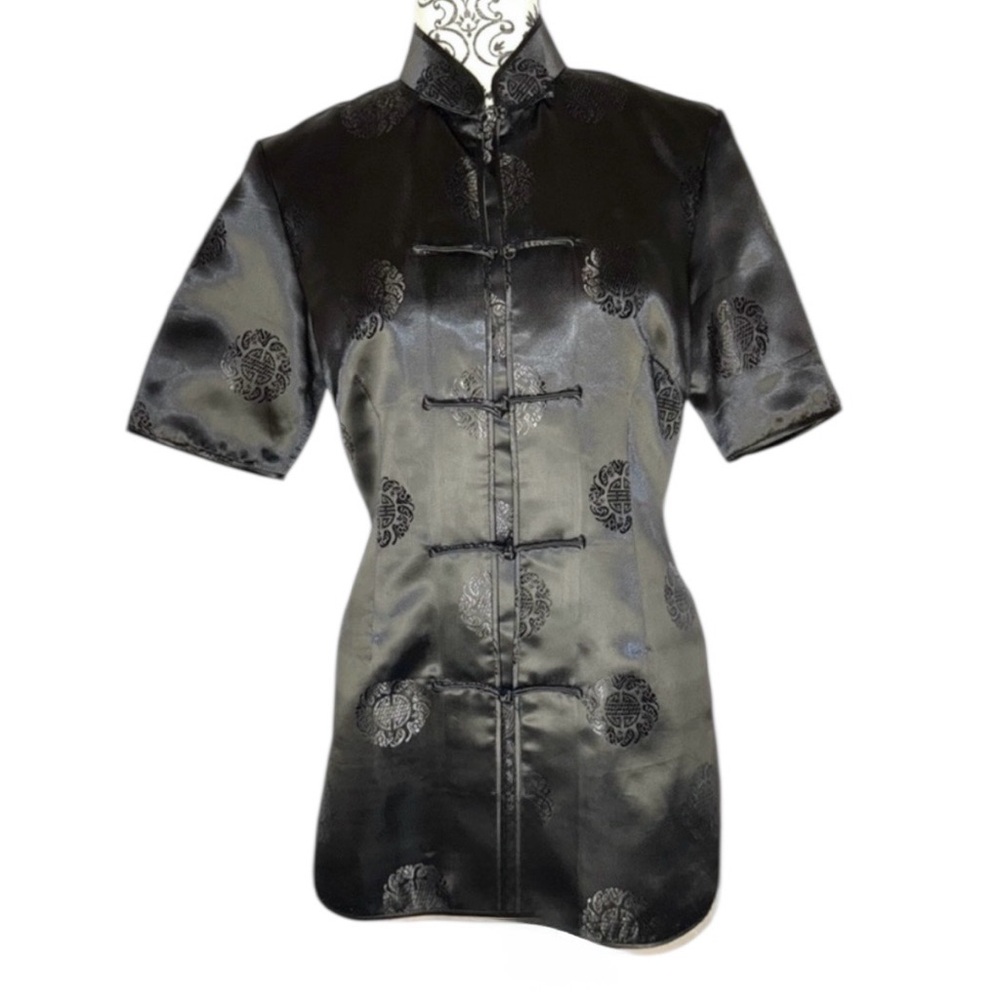 Beautiful Vintage Chinese Mandarin Tang Frog Toggle Black Satin Blouse